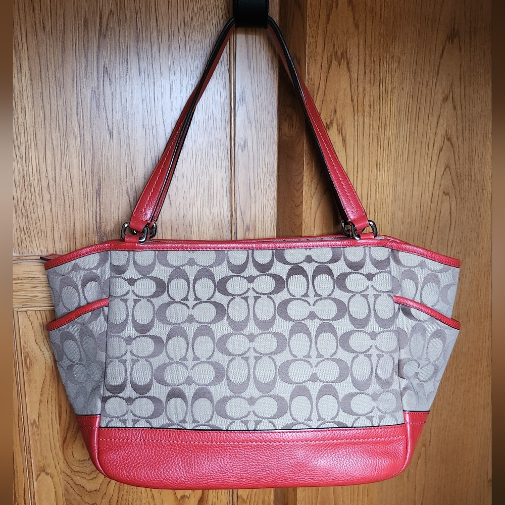 Coach Park Signature Carrie Tote, Red Leather Trim EUC - Picture 3 of 12